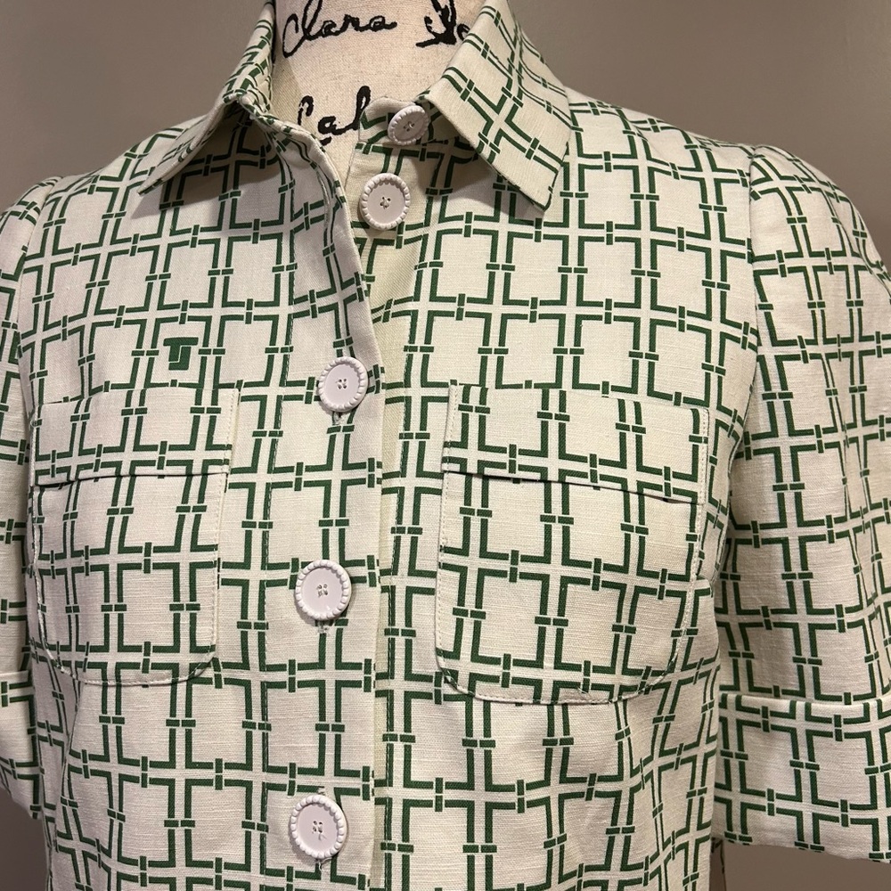 Tara Jarmon Christine Woven Chain Link Logo Pattern Collar Button Front Top - Picture 7 of 14
